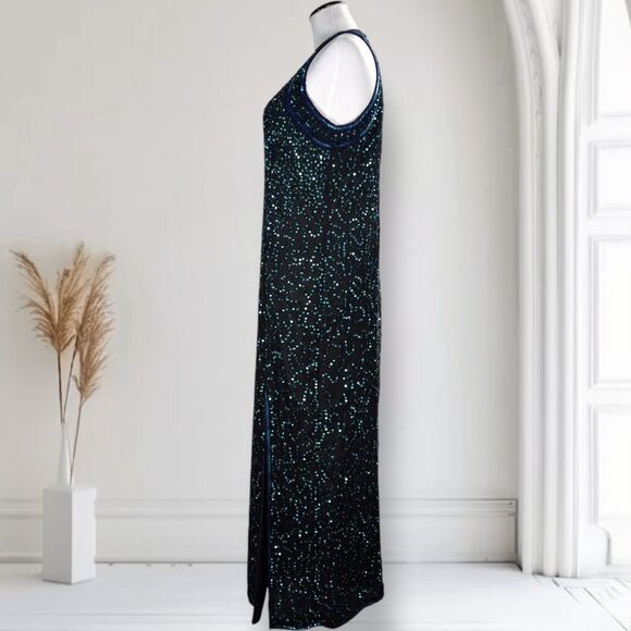 Vintage 90s Sequin Formal Prom Evening Dress Size L Halter Neck Thigh Slit - Picture 5 of 16